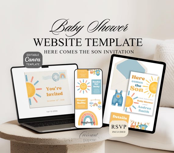 Here Comes the Son Baby Shower Website Template with RSVP, Editable Canva Website, Baby Boy Baby Shower Digital Invitation Digital Invite,