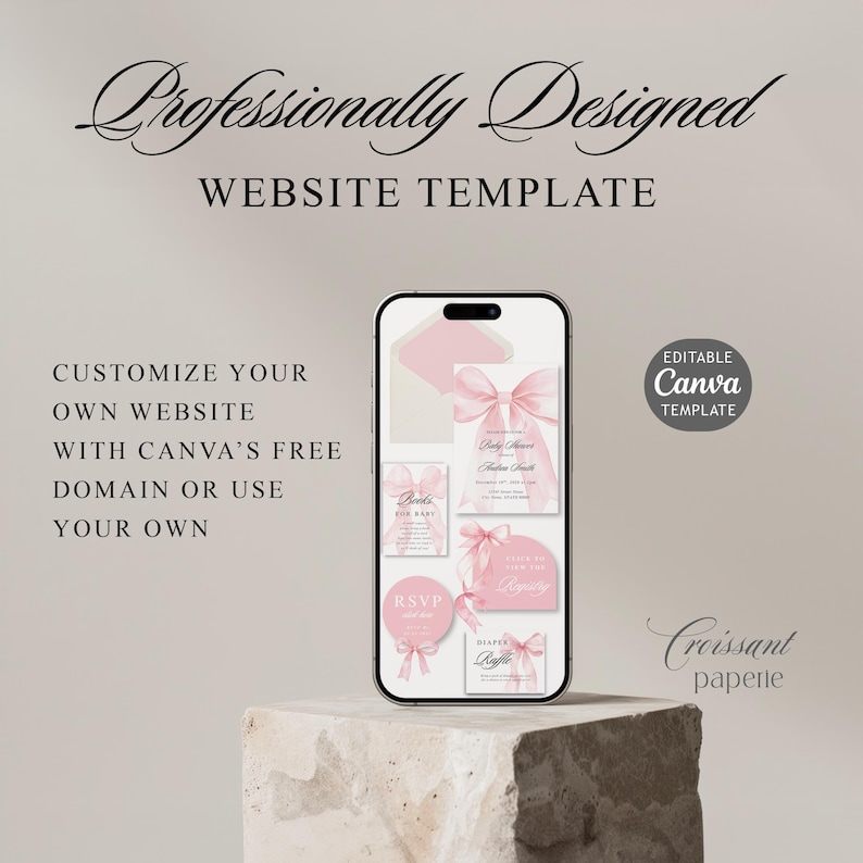 Pink Bow Baby Shower Website Template with RSVP, Editable Canva Website, Pink Bow Digital Invitation Pink Ribbon Coquette Girl Baby Shower