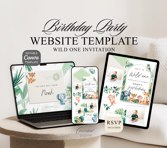 Wild One First Birthday Website Template RSVP Safari 1st Birthday Digital Invitation Editable Canva Website Jungle Digital Invite Safari