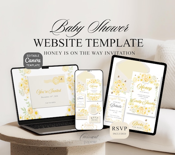 A Little Honey is on the Way Baby Shower Website Template with RSVP, Editable Canva Website, Bumble Bee Digital Invitation Honey Baby Invite