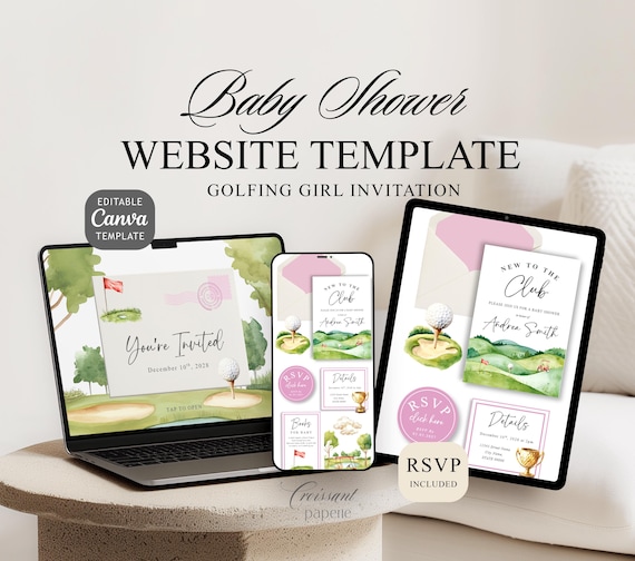 Girl New to the Club Baby Shower Invitation Website Template RSVP Golfing Baby Shower Editable Canva Website Golf Girl Baby Shower Digital