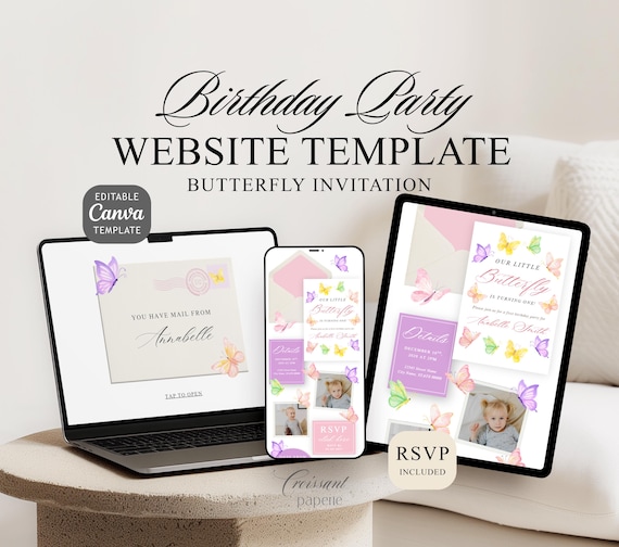 Butterfly 1st Birthday Party Website Template with RSVP Editable Canva Website Baby Girl Digital Invite Butterfly Birthday Invitation