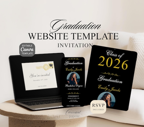 Class of 2026 Graduation Website Template with RSVP Black & Gold Digital Invite Editable Canva Graduation Digital Invitation Ceremony Party