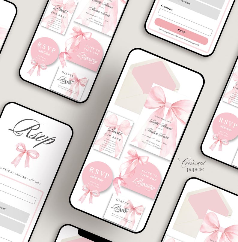 Pink Bow Baby Shower Website Template with RSVP, Editable Canva Website, Pink Bow Digital Invitation Pink Ribbon Coquette Girl Baby Shower