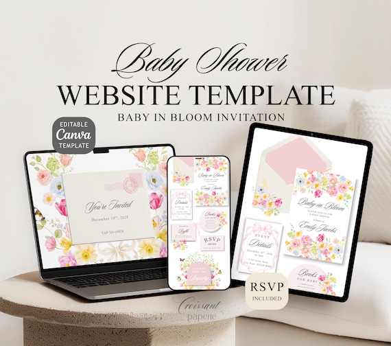 Baby In Bloom Wildflower Baby Shower Website Template with RSVP, Editable Canva Website, Wildflower Girl Baby Shower Digital Invitation