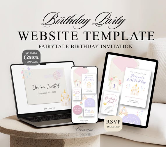 Fairytale 1st Birthday Party Website Template with RSVP Editable Canva Website Baby Girl Digital Invite Princess Storybook Castle Invitation