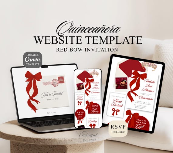 Red Quinceanera Digital Invitation Website Template with RSVP, Editable Canva Website, Burgundy Bow 15th Birthday Digital Invitation Red