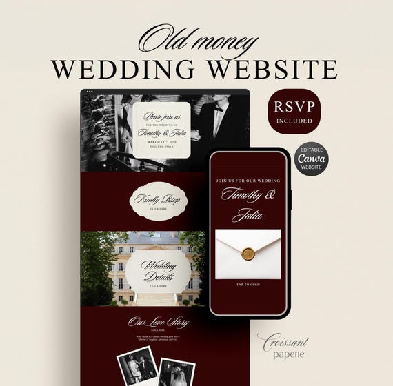 Wedding Website Template with RSVP, Burgundy & Cream Editable Canva Wedding Website, Old Money Classic Digital Invitation (Digital Download)