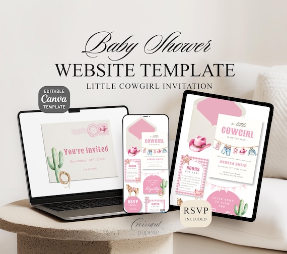 A Little Cowgirl is On the Way Baby Shower Website Template with RSVP, Cowboy Baby Shower Digital Invitation Editable Canva Girl Baby