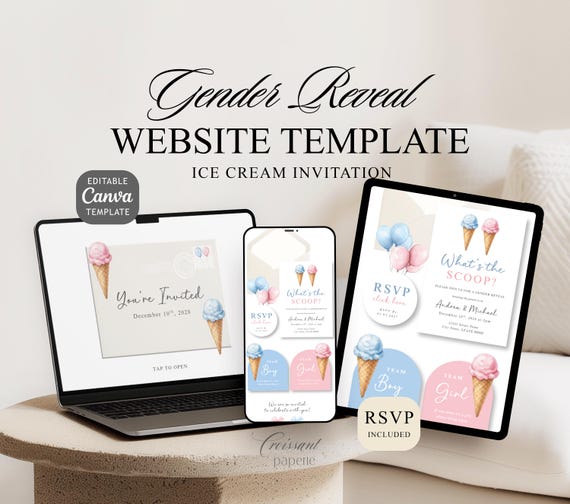 What's the Scoop Ice Cream Gender Reveal Party Digital Invitation, He or She Website Template RSVP, Canva Boy Girl Reveal Baby Shower Invite