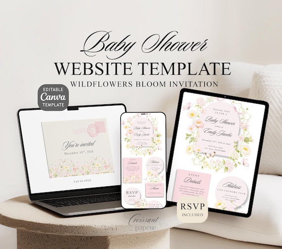 Garden Party Baby Shower Website Template with RSVP Editable Canva Website Wildflower Girl Baby Shower Digital Invitation Baby shower Invite