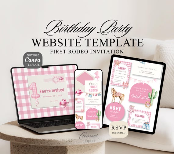 Girl Rodeo Birthday Invitation Website Template with RSVP, Editable Canva Website First Rodeo Girl Digital Invite Pink Rodeo Birthday Invite