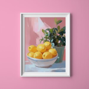 パステルレモンの静物画アートプリント：柑橘系のキッチンデコレーション（デジタルファイル）