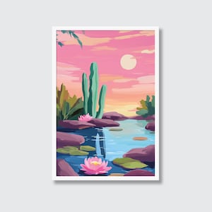 Pastell Saguaro Kaktus Oasis Wandkunst | Kaktus Malerei, Wüstenmalerei, Sonoran-Wüste, Wüstenposter in Pastellfarben, Joshua Tree, Kaktus Poster