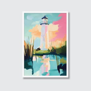 Tableau Pastel Lighthouse Harbor Watch | Art des îles San Juan, aquarelle sereine, guide lumineux, graphismes côtiers, impression Hilton Light House