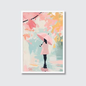 Garota em dia chuvoso com guarda-chuva rosa em aquarela (arquivo digital)