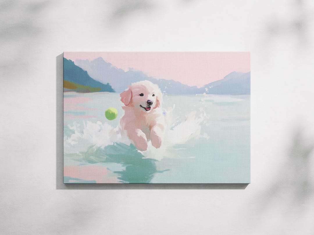 Golden Retriever Playing With a Tennis Ball Dog Beach Scene Art ...