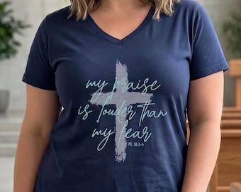 Psalm 56 "Mein Lob ist Lauter Als Meine Angst" Shirt mit V-Ausschnitt | Unisex christliche Kleidung