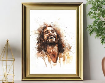 Printable "Jesus Laughing" Watercolor Portrait | Christian Digital Download, PNG file