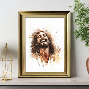 May include: A watercolor painting of a man with long brown hair laughing. The painting is framed in a gold frame and is set against a white background.