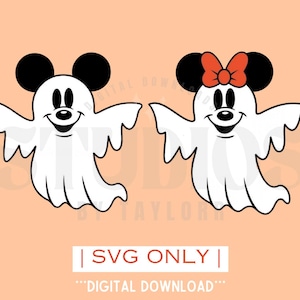 May include: Two white ghost illustrations with black mouse ears. The ghost on the right features a red bow between the ears. Both figures have black eyes, noses, and smiling mouths. The text SVG ONLY is centered below the ghosts on a peach background.
