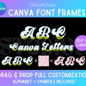 May include: A digital graphic design with the text "CANVA FONT FRAMES" and "Canva Letters" in a retro font style. The image includes the text "DRAG & DROP FULL CUSTOMISATION" and "ALPHABET + SYMBOLS INCLUDED". A Canva logo is visible.
