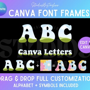 Könnte beinhalten: Ein Satz farbenfroher, anpassbarer Schriftrahmen für Canva. Die Rahmen haben einen himmelblauen Hintergrund mit weißen Wolken, grünem Gras und verschiedenen Blumenmustern. Der Text "Canva Font Frames" und "Canva Letters" ist im Bild enthalten.