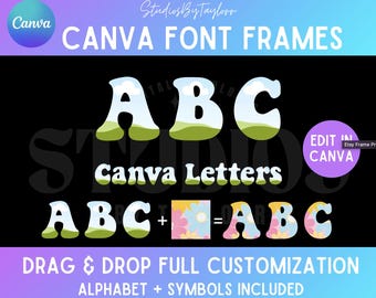 May include: A set of colorful, customizable font frames for Canva. The frames feature a sky blue background with white clouds, green grass, and a variety of floral patterns. The text "Canva Font Frames" and "Canva Letters" is included in the image.