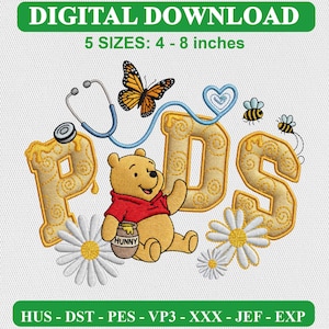 Desenho de bordado para enfermeira pediátrica, estilo Ursinho Pooh, ponto cetim moderno (download digital)
