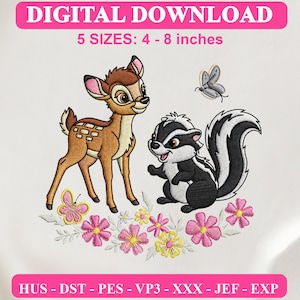May include: A digital embroidery design featuring a brown fawn and a black and white skunk surrounded by pink and yellow flowers and two butterflies. Text reads DIGITAL DOWNLOAD, 5 SIZES: 4 - 8 inches, and HUS - DST - PES - VP3 - XXX - JEF - EXP.