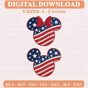 May include: A digital download embroidery design featuring two mouse-shaped silhouettes with a red, white, and blue patriotic pattern of stars and stripes. The top design includes a red bow. Text reads: DIGITAL DOWNLOAD 5 SIZES: 10.16 - 20.32 cm.