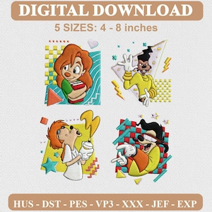 Op de afbeelding: Een digitale download borduurontwerpset met vier stripfiguren en geometrische patronen in jaren 90-stijl. De tekst luidt DIGITAL DOWNLOAD, 5 SIZES: 10 - 20 cm, en HUS - DST - PES - VP3 - XXX - JEF - EXP. De figuren zijn kleurrijk.