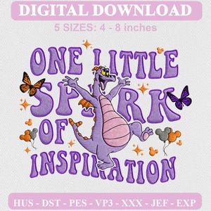 Puede incluir: Un diseño de bordado digital con un dragón morado de vientre rosa, rodeado por el texto ONE LITTLE SPARK OF INSPIRATION. El diseño incluye mariposas naranjas y moradas, pequeñas estrellas naranjas y globos con forma de ratón de 10 a 20 cm.