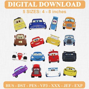 Può includere: Un set di ricami da scaricare digitalmente con sedici personaggi di auto a cartoni animati in vari colori, tra cui rosso, blu, giallo e viola. Il testo recita DIGITAL DOWNLOAD e 5 SIZES: 10 - 20 cm, con formati file HUS, DST, PES, VP3, XXX, JEF, EXP.