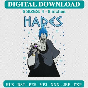 Disney Villains Hades Embroidery Design, Clean Modern Apparel Pattern, DST PES Files for 4x4 Hoop