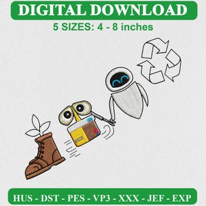 May include: A digital embroidery design featuring a brown boot with a plant sprout, a yellow and grey robot, a white robot, and a recycling symbol. Text reads: DIGITAL DOWNLOAD, 5 SIZES: 4 - 8 inches, HUS - DST - PES - VP3 - XXX - JEF - EXP.