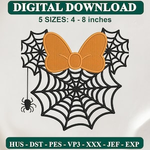 May include: A digital embroidery design featuring a central orange bow atop a black spiderweb pattern, with a small black spider hanging from a web strand. Text reads DIGITAL DOWNLOAD, 5 SIZES: 4 - 8 inches, and HUS - DST - PES - VP3 - XXX - JEF - EXP.