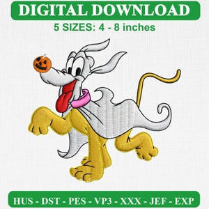 Könnte beinhalten: Ein digitales Stickmuster mit einem Cartoon-Hund mit gelbem Fell, einem rosa Halsband und einem weißen geisterhaften Umhang. Der Hund hat eine rote Zunge und balanciert einen kleinen orangefarbenen Kürbis auf der Nase. Text: DIGITAL DOWNLOAD 5 SIZES: 10 - 20 cm.