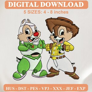 May include: Digital embroidery design featuring two chipmunks dressed as space and cowboy characters. The text reads DIGITAL DOWNLOAD, 5 SIZES: 4 - 8 inches, and HUS - DST - PES - VP3 - XXX - JEF - EXP. The characters wear green and white space gear and a yellow shirt with a brown cowboy hat.