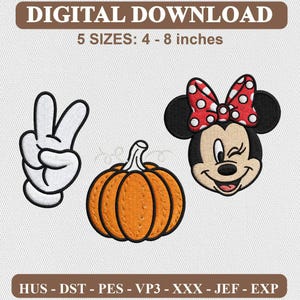 Könnte beinhalten: Digitales Stickmuster-Download-Set mit einem weißen Cartoon-Handschuh, der ein Friedenszeichen zeigt, einem orangefarbenen Kürbis und einem zwinkernden Minnie-Maus-Kopf mit roter Schleife mit weißen Punkten. Text: DIGITAL DOWNLOAD, 5 SIZES: 4 - 8 inches, HUS, DST, PES, VP3, XXX, JEF, EXP.