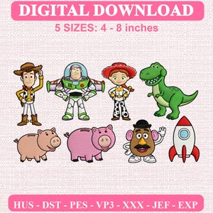 May include: A digital download embroidery design set featuring seven characters and a rocket ship. Text reads DIGITAL DOWNLOAD and 5 SIZES: 4 - 8 inches. File formats listed are HUS, DST, PES, VP3, XXX, JEF, and EXP. The characters include a cowboy, space ranger, cowgirl, green dinosaur, two pigs, and a potato figure.