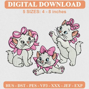 May include: A digital embroidery design featuring three white kittens with pink bows. The text reads DIGITAL DOWNLOAD and 5 SIZES: 4 - 8 inches, with file formats HUS, DST, PES, VP3, XXX, JEF, and EXP listed at the bottom of the image.