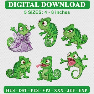 May include: Digital download embroidery design featuring six green chameleon illustrations in various poses, including one wearing a purple dress. Text includes DIGITAL DOWNLOAD, 5 SIZES: 4 - 8 inches, and file formats HUS, DST, PES, VP3, XXX, JEF, EXP.