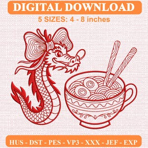 Mushu Dragon Porridge Embroidery Pattern, Retro Vintage Red Design (Digital Download)