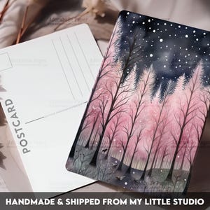 Postcard Print Pink Winter Christmas Night Trees | Single Postcard | A6 | 4x6 | Glossy finish | Rounded Corners | Penpals | Printed | PC615