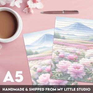 Writing Paper A5 Peony Mountain | Pink Flower Field | Cute Letter Stationery | Penpals | Lined or Blank | Printed & Shipped | For Kids |Gift