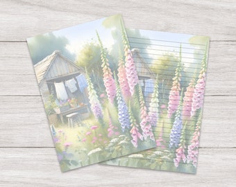 Writing Paper A5 Foxglove Cottage | Floral Summer | Cute Letter Stationery | Penpals | Lined or Blank | Printed & Shipped | For Kids | Gift