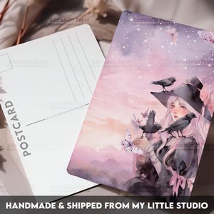 Postcard Print Pink Halloween Witch w Crows | Single Postcard | A6 | 4x6 | Glossy finish | Rounded Corners | Penpals | Printed | PC544