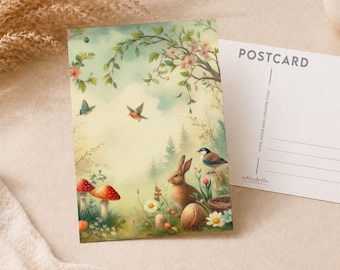 Retro Spring Forest Rabbit Postcard – Woodland Animals Stationery