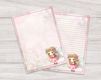 Writing Paper A5 Pink Garden Fairy | Kawaii Girl | Cute Letter Stationery | Penpals | Lined or Blank | Printed & Shipped | For Kids | Gift